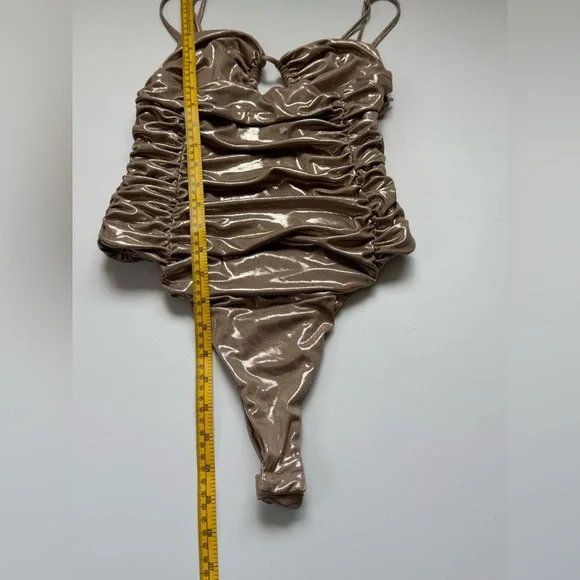 Zara Metallic Gold Slick Ruched Bodysuit Party Glam Statement Piece M Sleeveless - Picture 3 of 11
